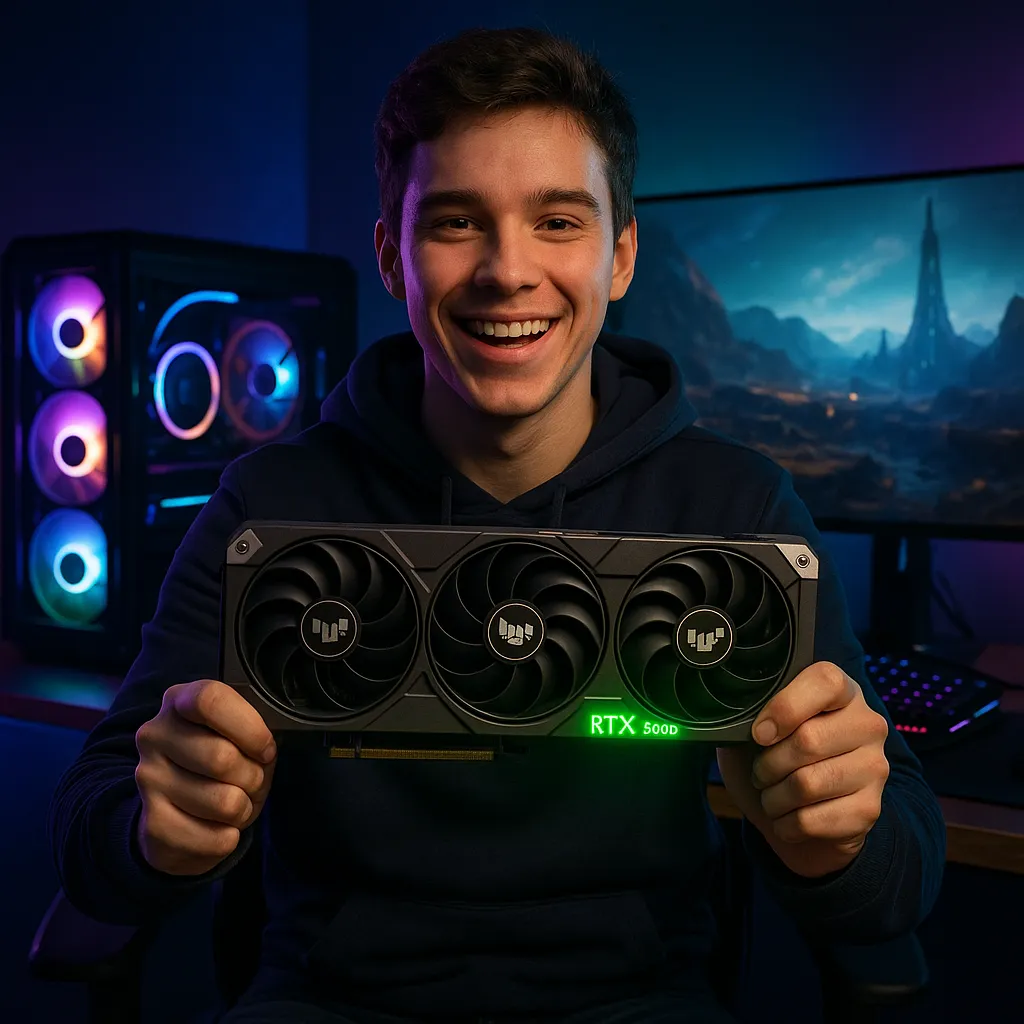 Usuario sosteniendo tarjeta gráfica RTX 5000 en setup gamer