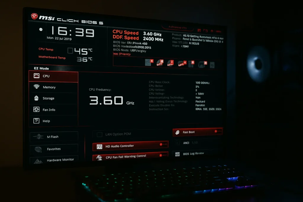 ARRANQUE, Interfaz BIOS MSI Click BIOS 5 mostrando parámetros clave del CPU como frecuencia, temperatura y opciones de arranque. Ideal para configurar el sistema antes de iniciar Windows o hacer overclocking.